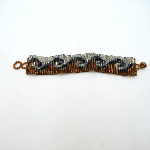 Handmade Beaded Cuff Bracelet Seed Bead Wave Pattern Amber Silver Black Boho - Picture 7 of 10